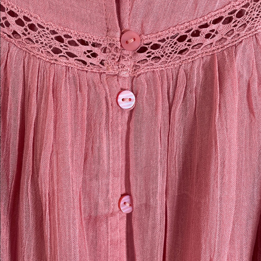 Free People Sheer Pink Lined Top with ruffled sleeves and hem. - Picture 2 of 3